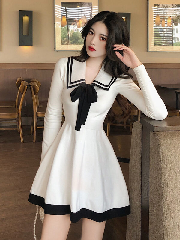 Sweet Knitted Bow Tie V-Neck Long Sleeve Dress