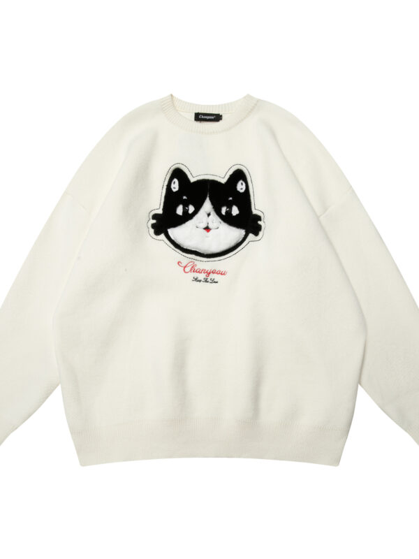 Cute Cat Embroidered Crew Neck Sweater