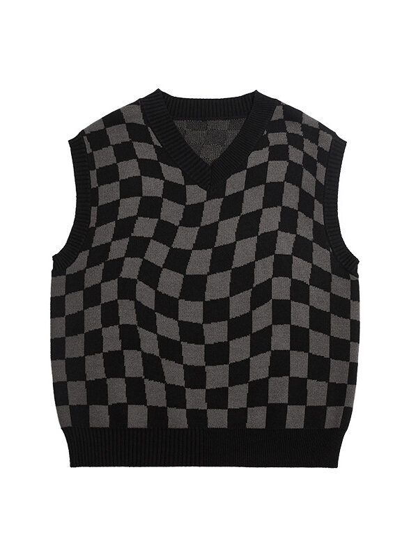 Women's Checker Loose V Neck Vest Sweater