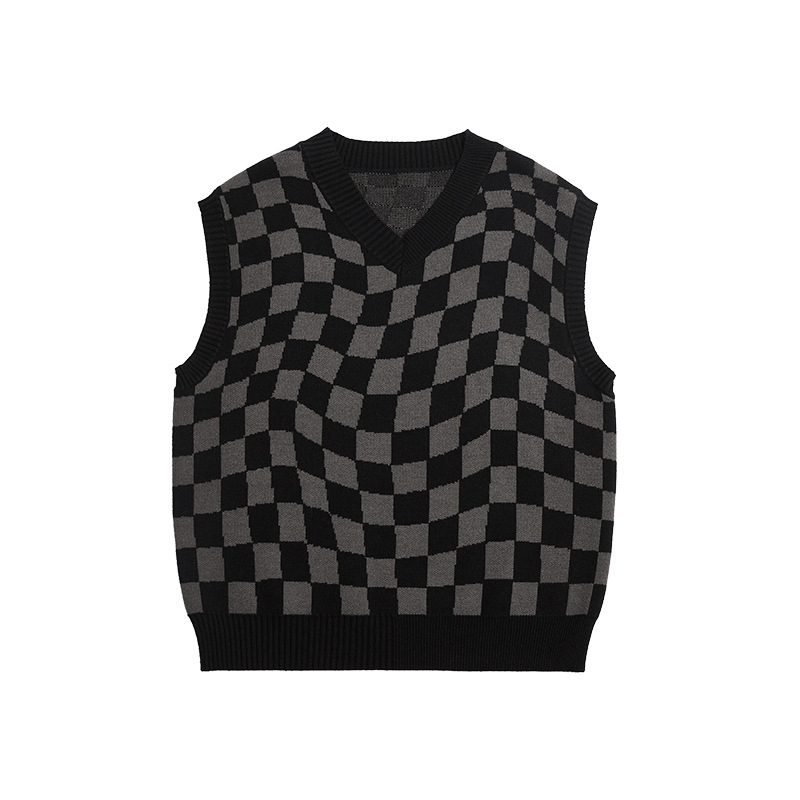Women's Checker Loose V Neck Vest Sweater