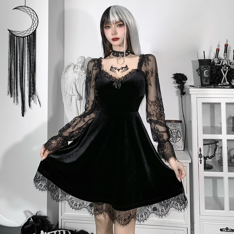 Gothic Lace Splice Ruffle Flare Sleeve Dress