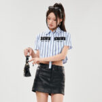 Women's Striped Crop Top Embroidered Shirt