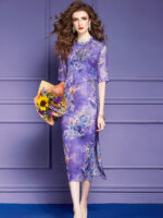 Women Floral 100% Silk Cheongsam Qipao Dress