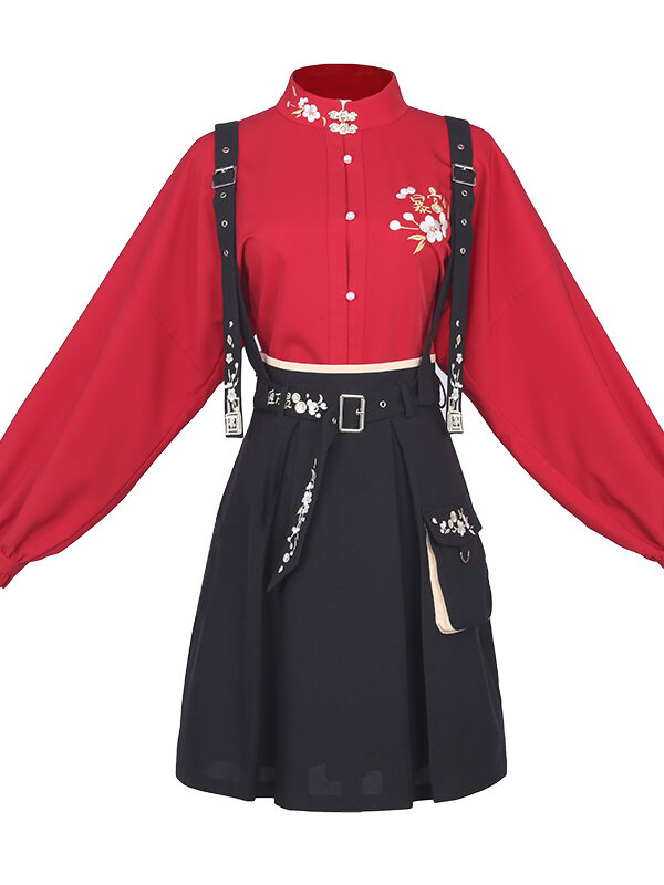Women Chinoiserie Blouse Suspender Skirt Set