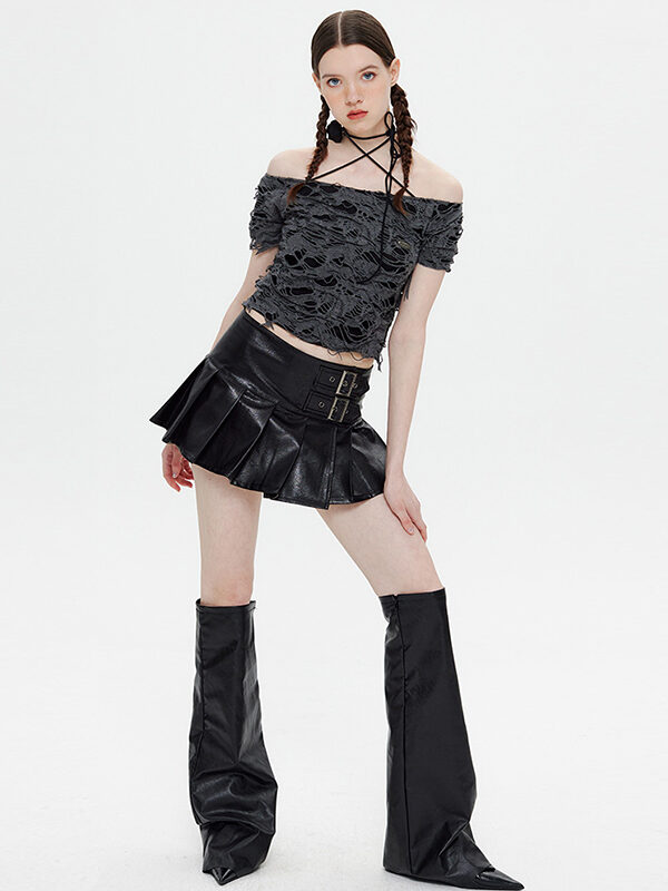 Women Leather High Waist Pleated A Line Skirt