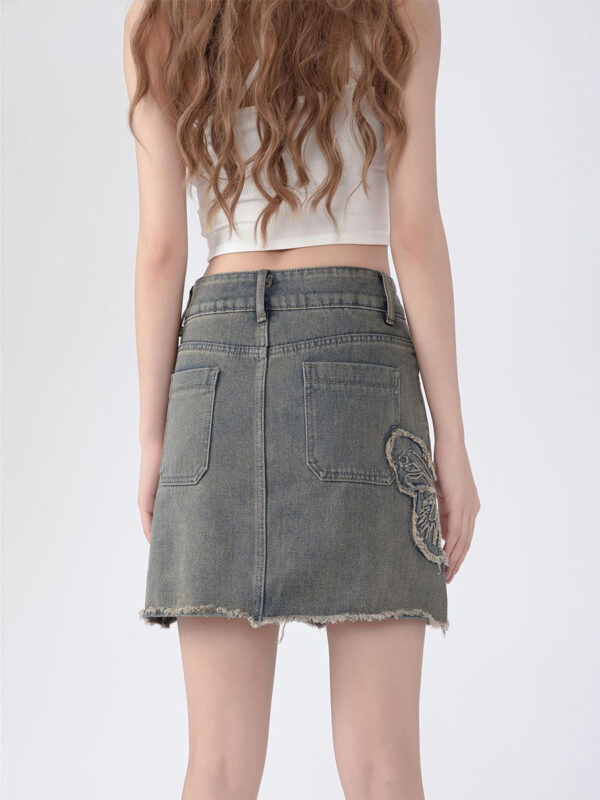 Butterfly Embroidered Washed Denim Skirt