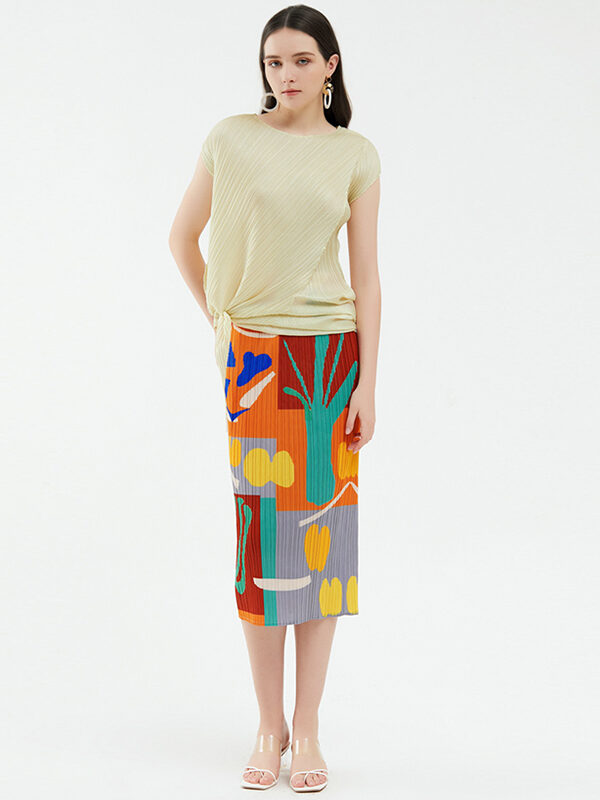 Women Floral Ruched Pleated Midi Pencil Skirt