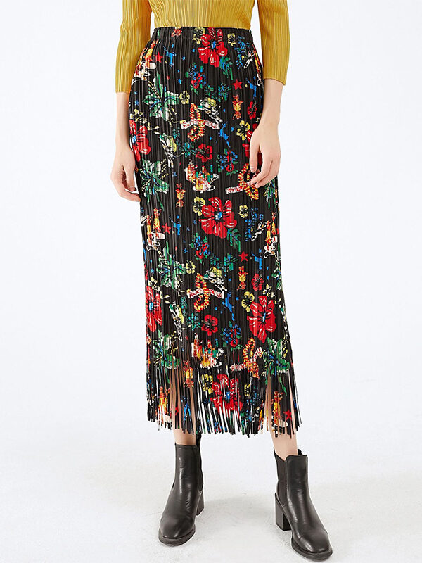 Vintage Versatile Floral Fringe Pleated Skirt