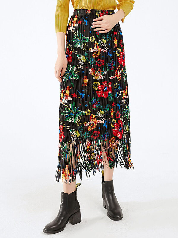 Vintage Versatile Floral Fringe Pleated Skirt