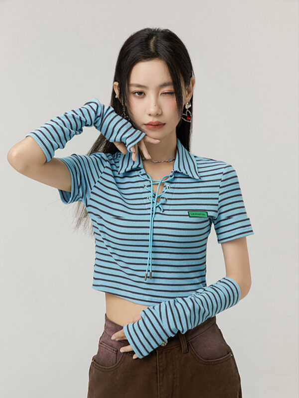 Women's Lace Striped Knit Crop Top