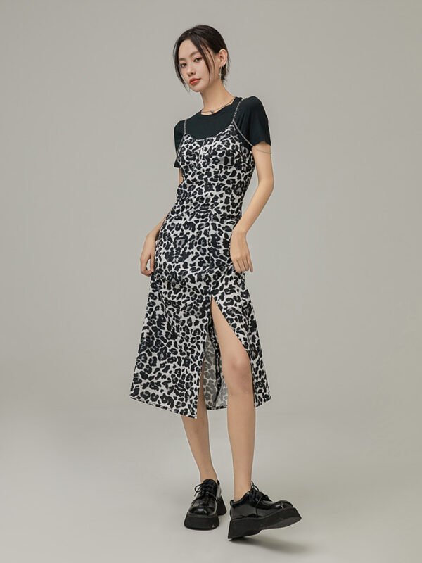 Women's Leopard High Slit Chain Strap Dress