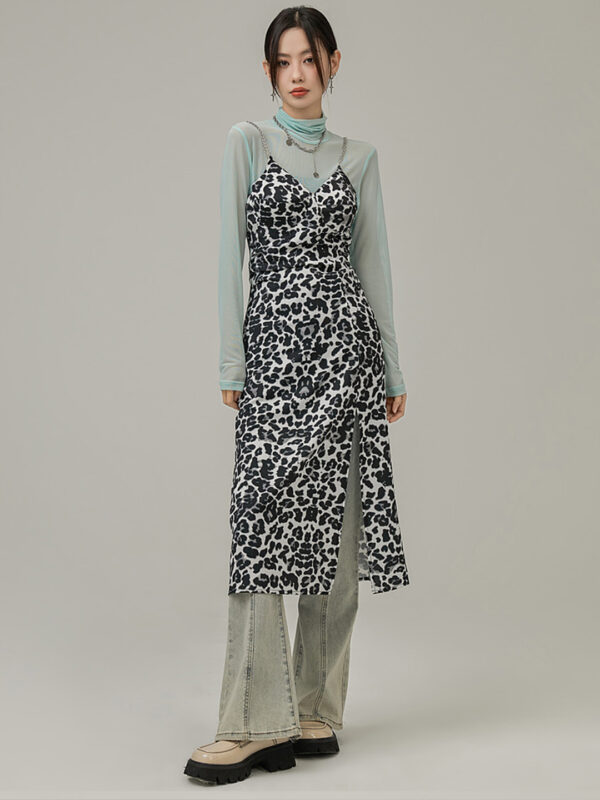 Women's Leopard High Slit Chain Strap Dress